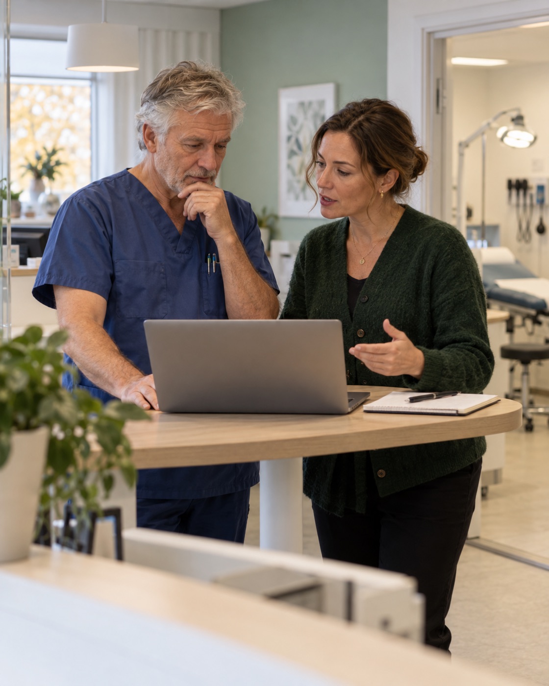 AI-illustration: en erfaren läkare och en marknadsansvarig går igenom en gemensam plan på en vårdcentral.